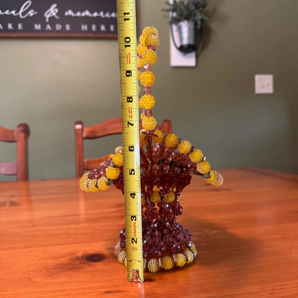 Vintage Safety Pin Beaded Basket Folk Art Amber Yellow Brown